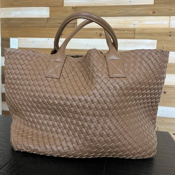 Anthropologie Woven Faux Leather Tote Tan - Picture 3 of 9